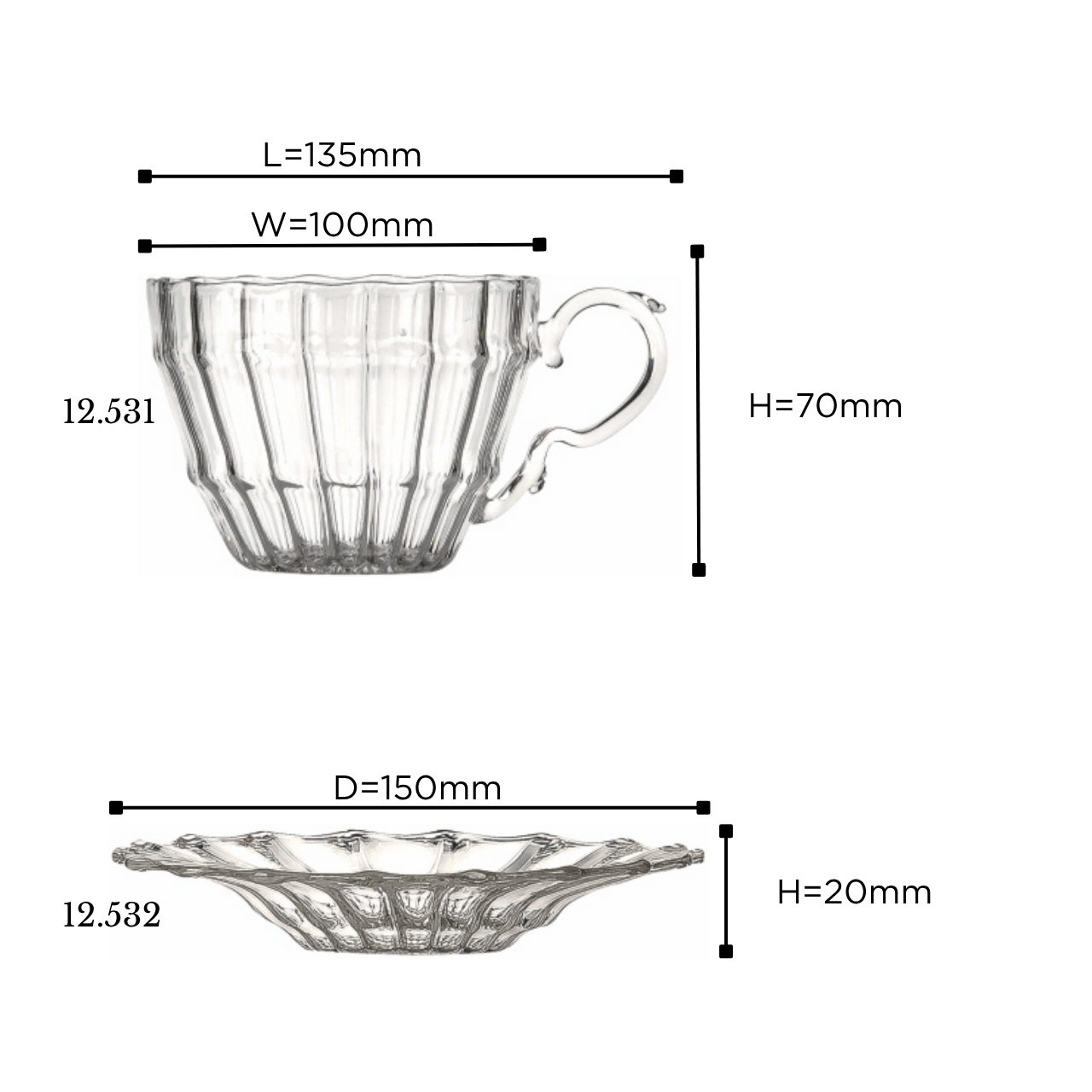 Clear glass cup and saucer with dimensions labeled on a white background