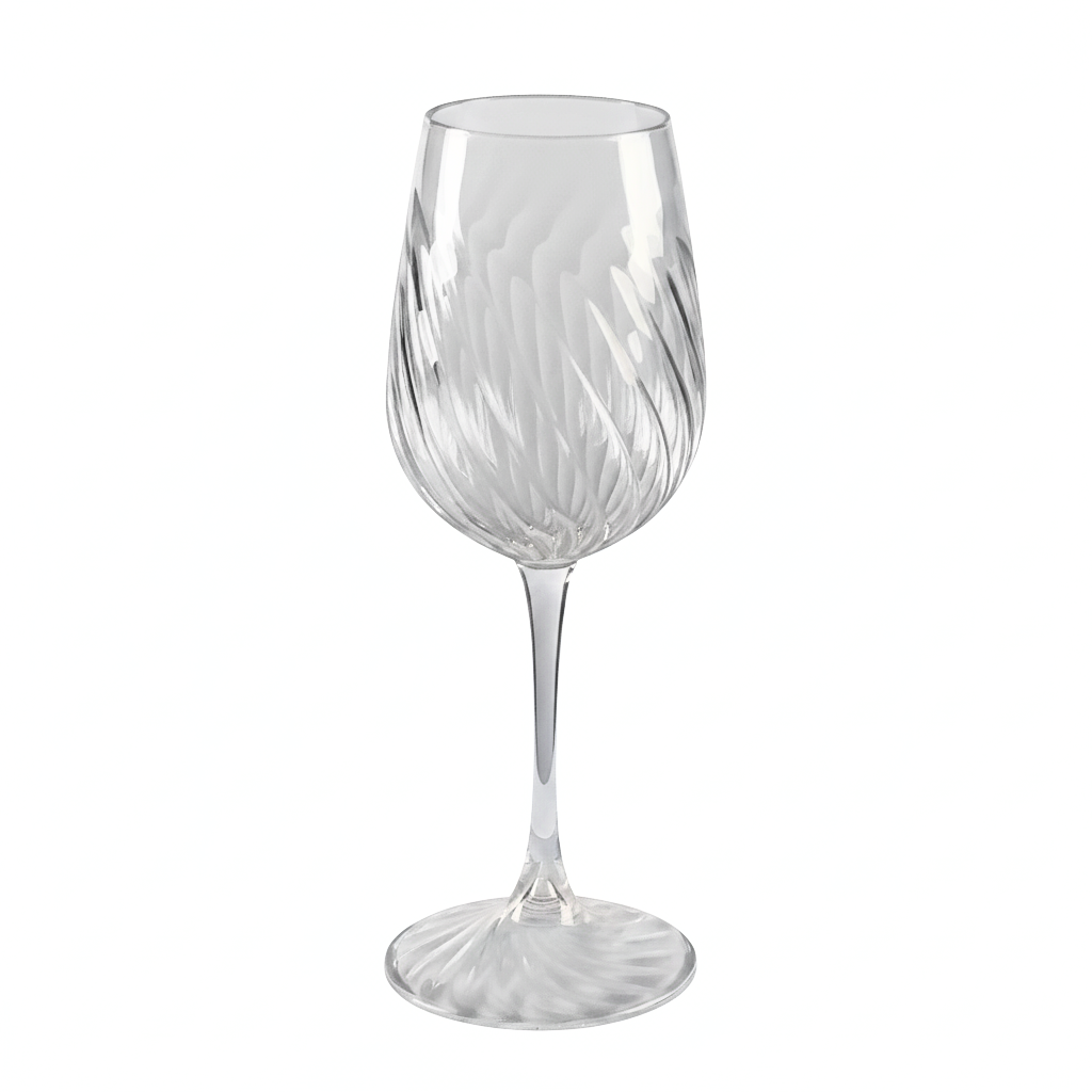 Clear wine glass with decorative pattern on a white background