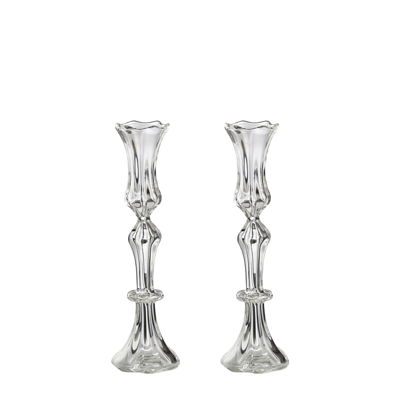 Two clear glass candle holders on a white background