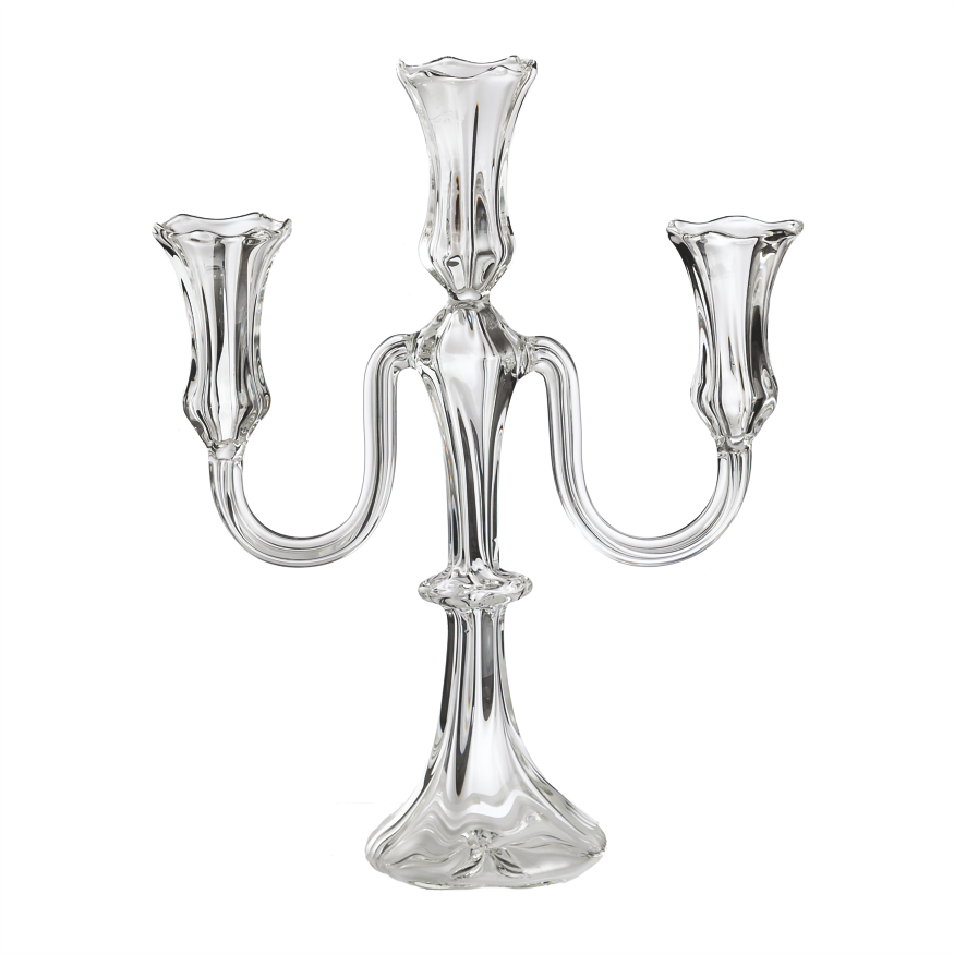 Clear glass candelabra on a white background. Gabriela Seres designed and handmade in Bucharest