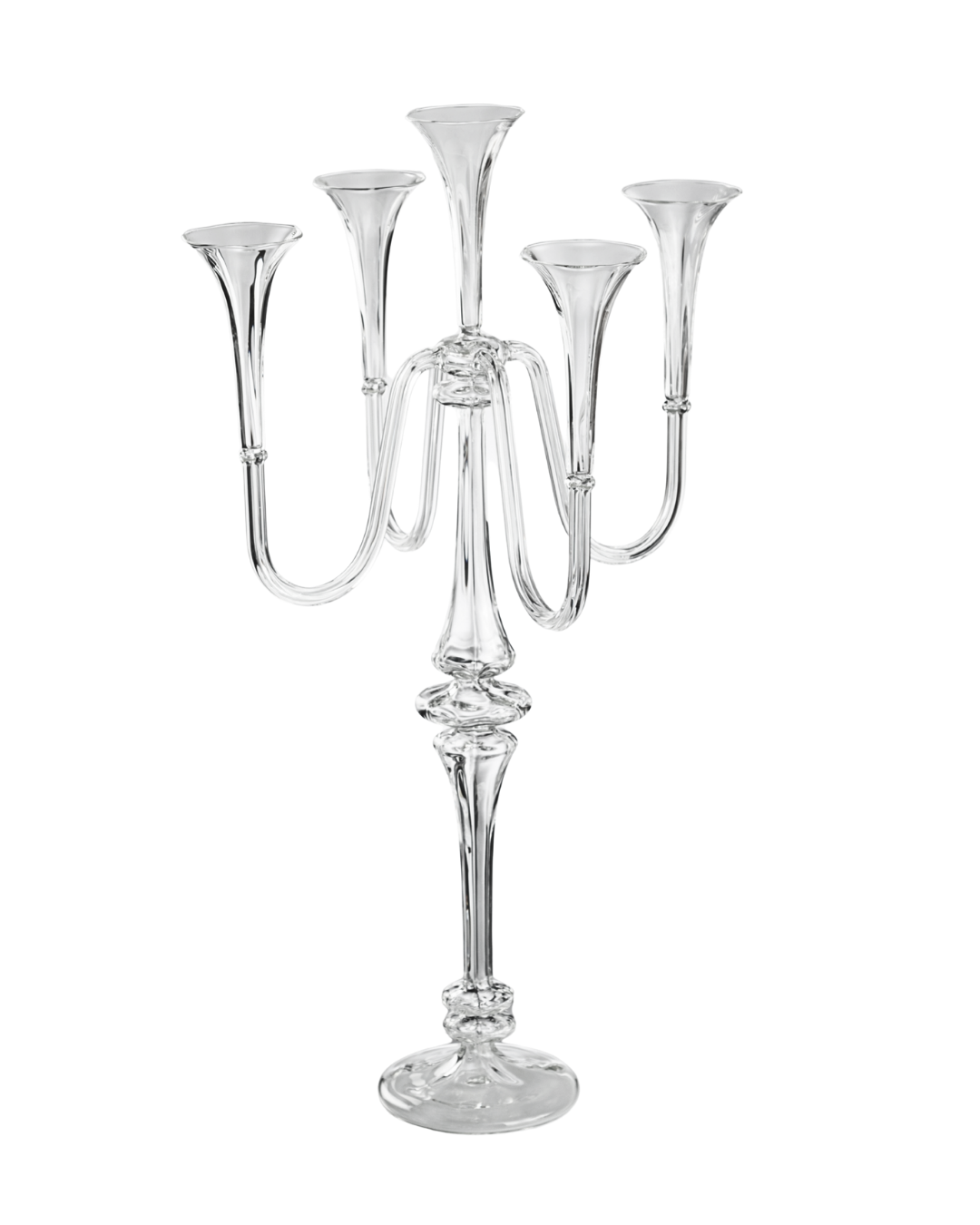 Clear glass candelabra on a white background. Handmade 5 candles candelabra in the Gabriela Seres Atelier