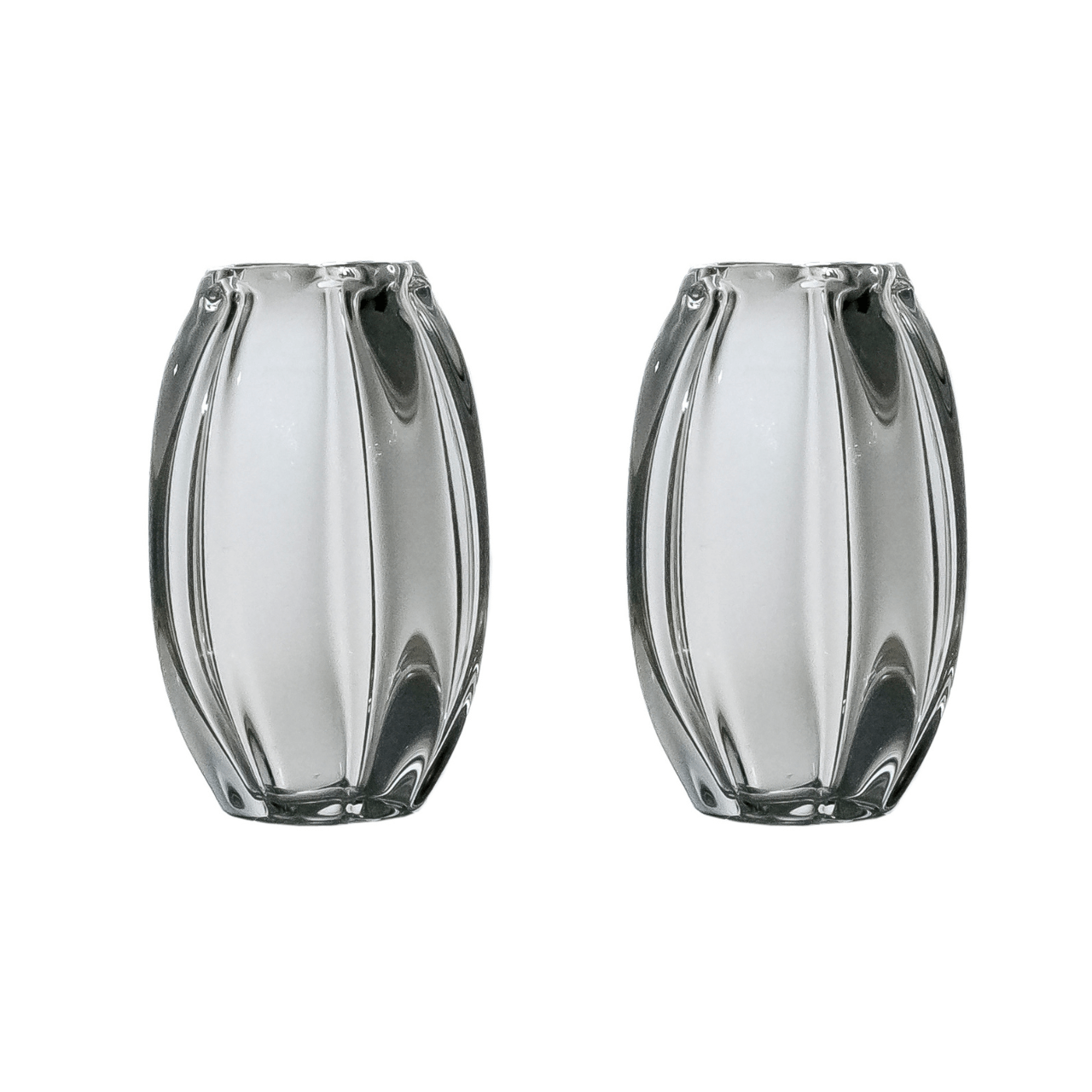 Blossom Candleholders (set of 2) – hand-blown optic borosilicate glass candleholders with petal-like facets, crafted in Bucharest by Gabriela Seres.