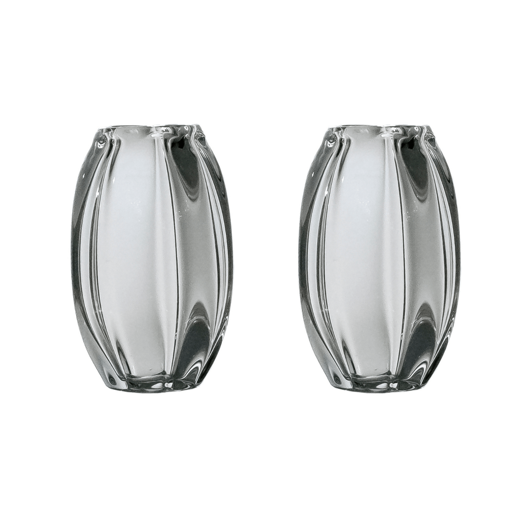 Blossom Candleholders (set of 2) – hand-blown optic borosilicate glass candleholders with petal-like facets, crafted in Bucharest by Gabriela Seres.