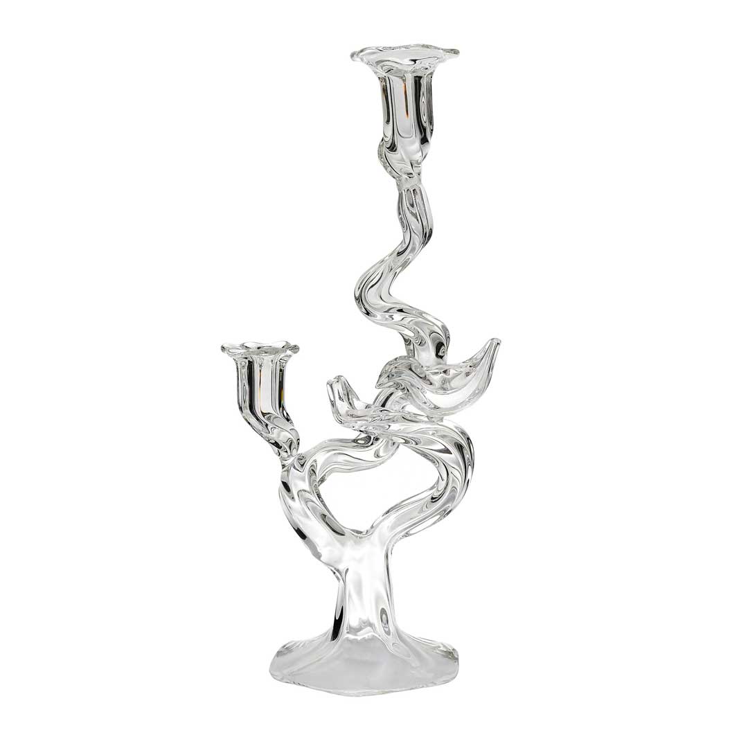 Tree of Life 2 Candles Candelabra by Gabriela Seres – hand-blown borosilicate glass with branching arms and a stylized decorative bird.