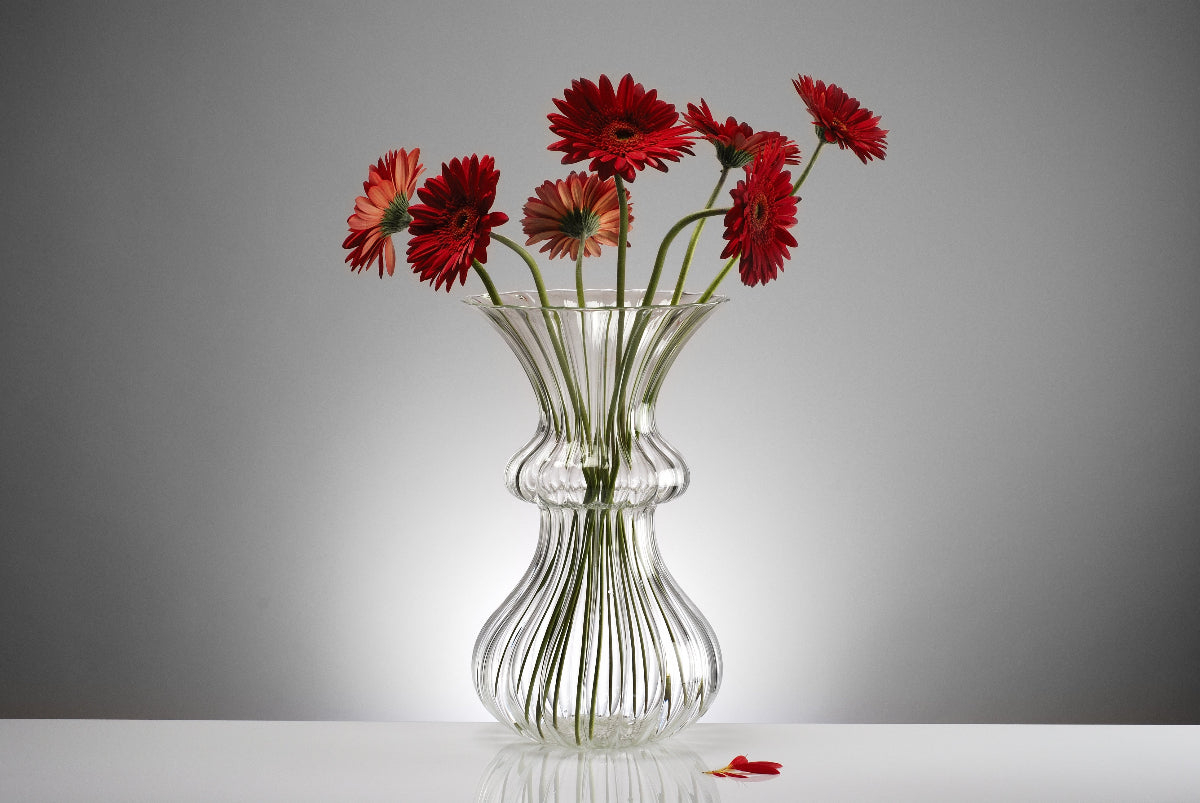 Lined Vase with red flowers. Handmade in Bucharest in the Gabriela Seres Atelier