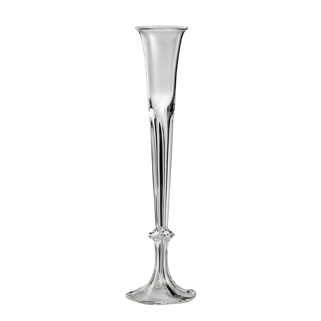 Clear glass trumpet vase on a white background