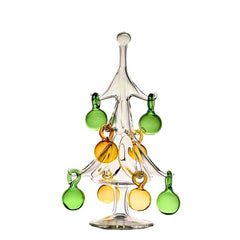 Glass Christmas Tree with green and yellow globes on white background. Handmade in Bucharest in the Gabriela Seres Atelier