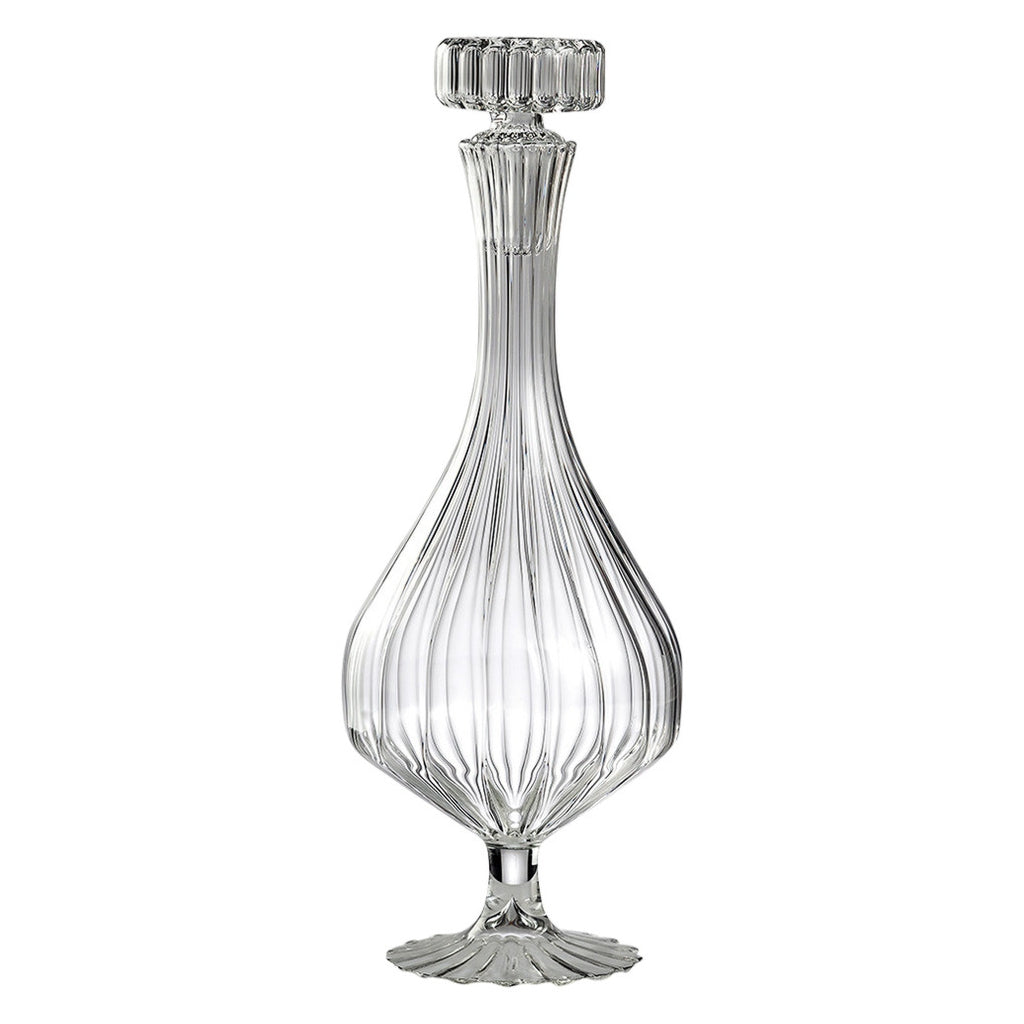 Élysée Carafe – hand-blown lined borosilicate glass carafe with stopper and pedestal base, 440 mm tall, 160 mm diameter, crafted in Bucharest by Gabriela Seres.