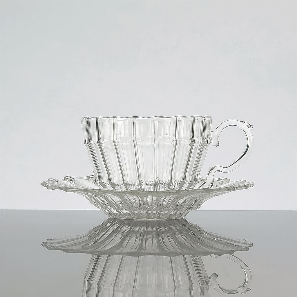 William Teacup and Saucer – hand-blown borosilicate glass with lined motif, designed by Gabriela Seres in Bucharest.
