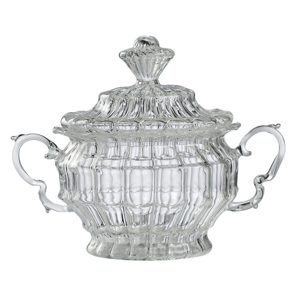 William Sugar Bowl – hand-blown borosilicate glass with lined pattern and domed lid, 175 × 90 × 125 mm, 350 ml, Gabriela Seres.