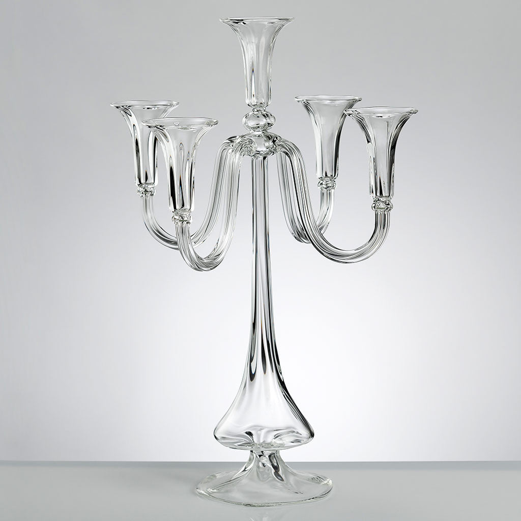 Paul 5 Candles Candelabra – hand-blown optic borosilicate glass candelabra with five arms, height 530 mm, diameter 400 mm, Gabriela Seres.