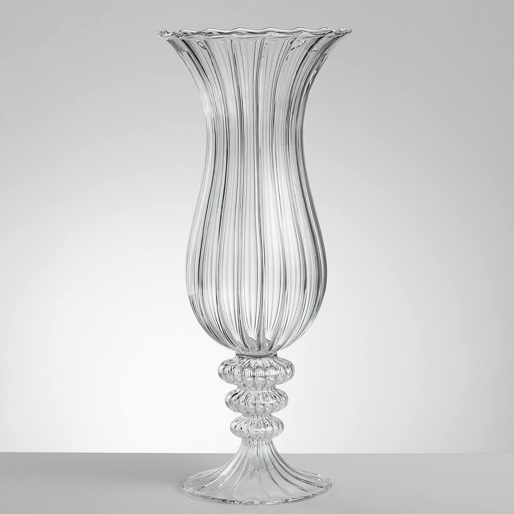 William Vase – hand-blown borosilicate glass with lined texture and sculptural base, 380 × 165 mm, designed by Gabriela Seres.